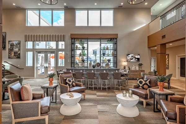 Bright and spacious lounge area in a senior living facility