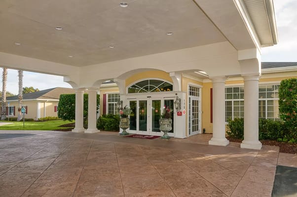 Front entrance of the Life Care Center with architectural details