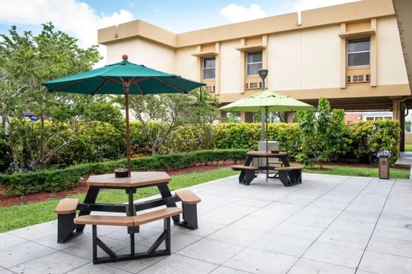 Outdoor seating area with umbrellas and picnic tables