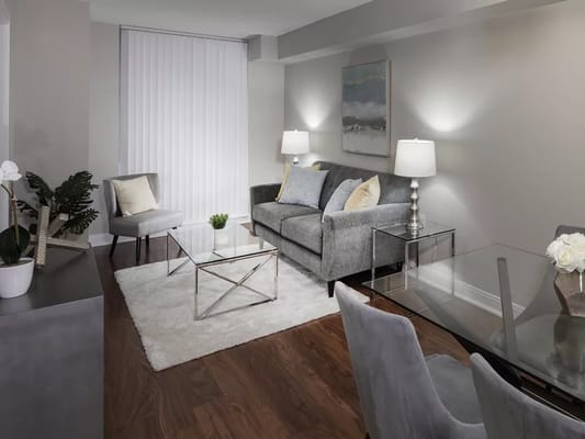 Modern living room with gray furniture and a glass coffee table