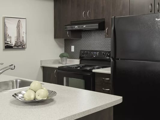 Interior view of a modern kitchen with dark cabinets and stainless steel appliances.