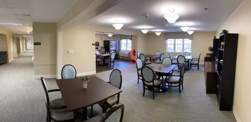 Interior view of a common area with tables