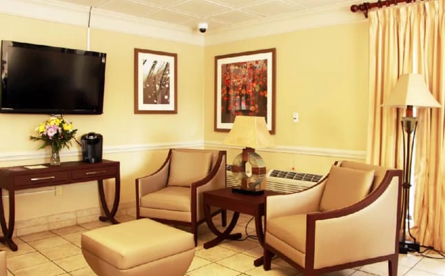 Cozy lounge area with seating and decor