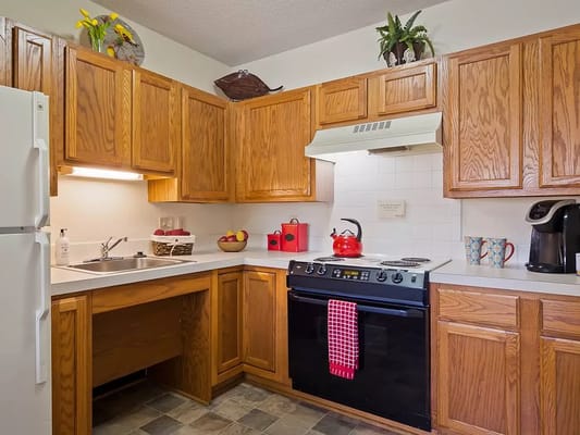 Well-equipped kitchen with wooden cabinets and appliances