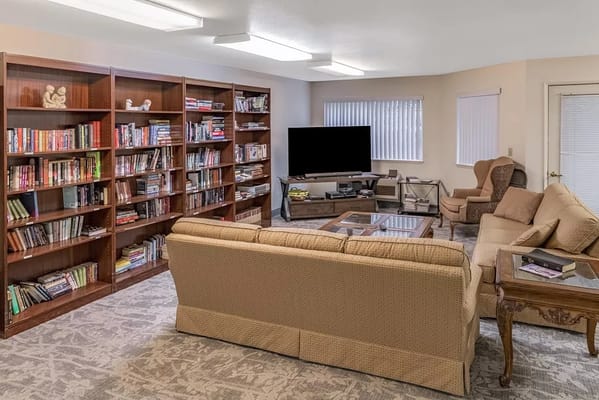 Comfortable living room with bookshelves and seating area.