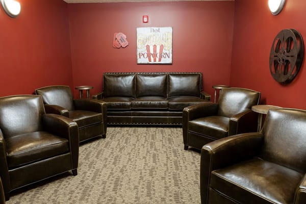 Cozy lounge with leather seating and popcorn decor