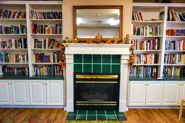 Cozy library area with a fireplace and bookshelves