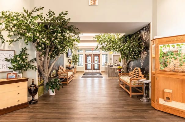 Bright interior lobby with trees and seating