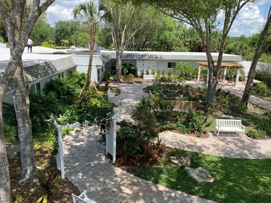 Outdoor garden space with pathways and seating