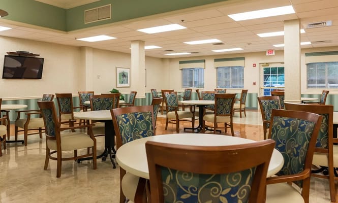 Interior view of a common area with dining tables