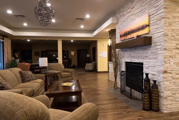 Cozy living room with seating and fireplace