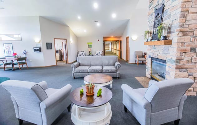 Comfortable lounge area in a senior living facility