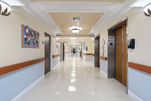 Bright hallway in a nursing home facility