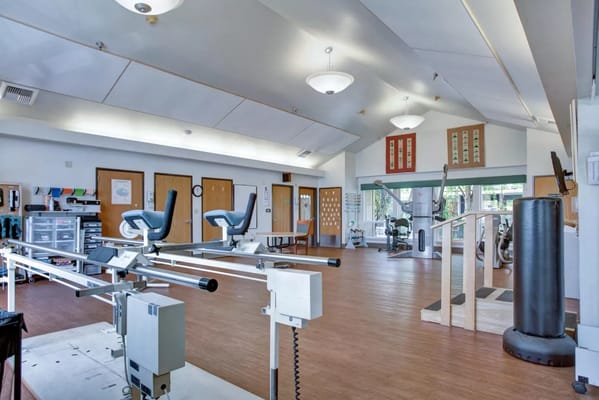 Rehabilitation gym equipment in a bright interior space