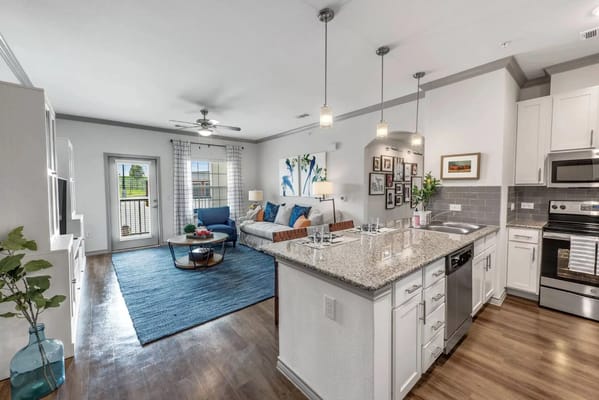 Modern interior of a resident suite with living area