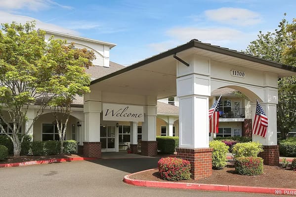 Welcoming entrance of a senior living facility