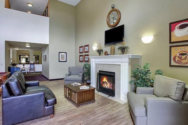 Cozy common area with fireplace and seating
