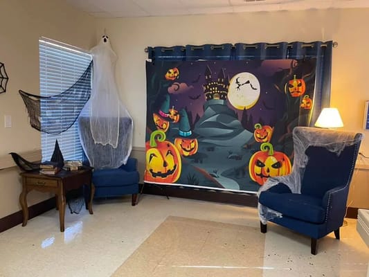 Decoratively themed common area for Halloween