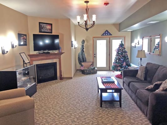 Cozy interior common area with holiday decorations