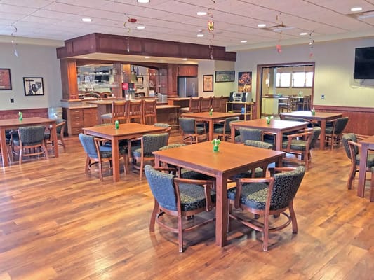 Interior view of the dining area with tables and chairs