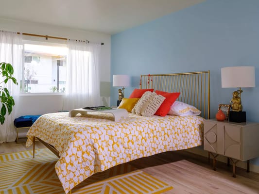 Brightly decorated bedroom in senior living facility