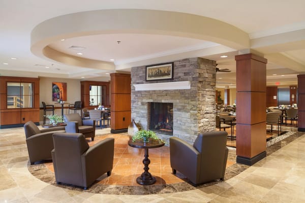 Interior common area with seating and fireplace