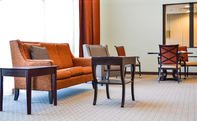 Bright interior common area with seating