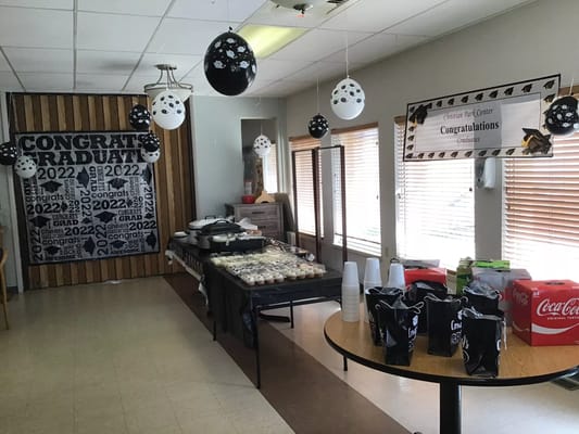 Celebration setup with food and decorations