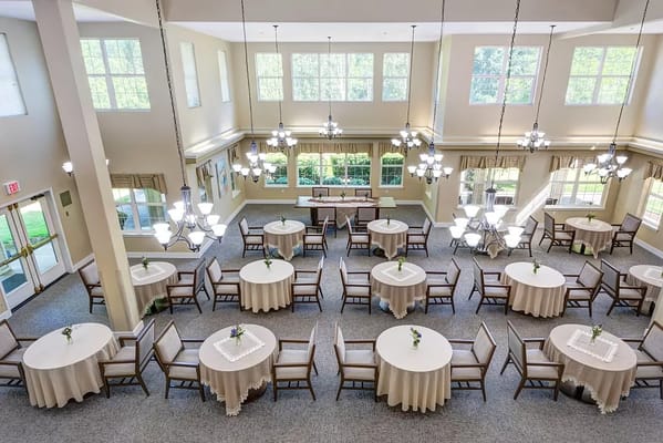 Aerial view of dining area with round tables and chairs
