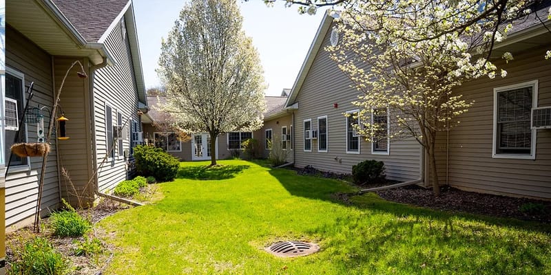 Vibrant courtyard with greenery and flowering trees at Reflections Memory Care.