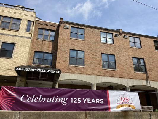 Banner celebrating 125 years of the Reformed Presbyterian Home at 2344 Perrysville Avenue