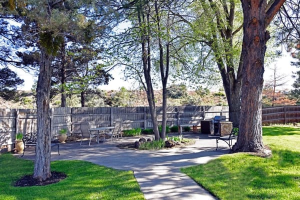 Outdoor seating area with a patio surrounded by trees