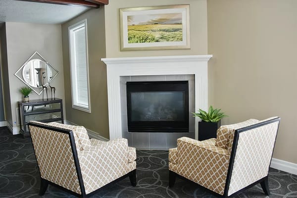 Two patterned chairs facing a fireplace in a living room.