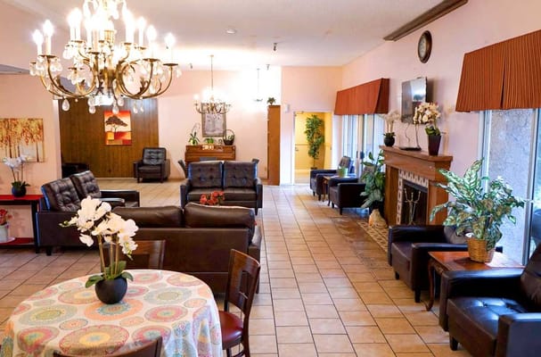 Cozy living room with seating, table, and decorative plants