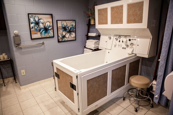 Therapeutic bathtub setup with decorative wall art