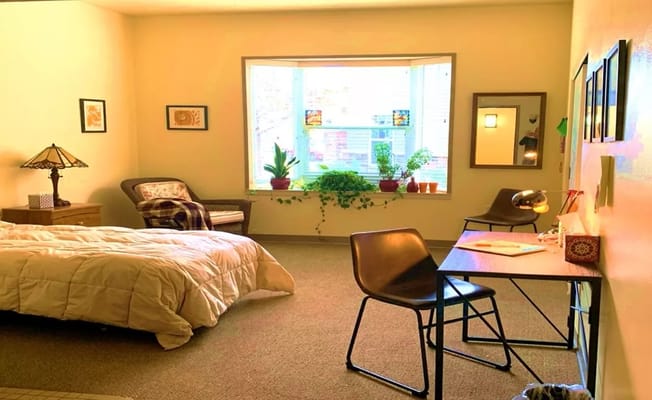 Interior view of a private resident room with plants