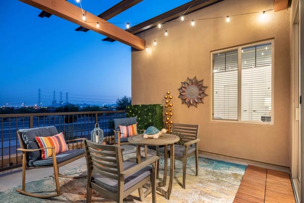 Cozy patio seating area with decorative elements