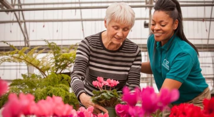 Senior resident planting flowers with staff assistance