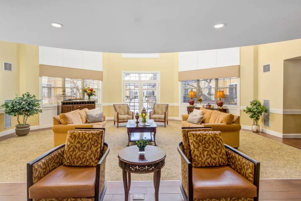 Inviting lobby area with seating at River Ridge at Avon.
