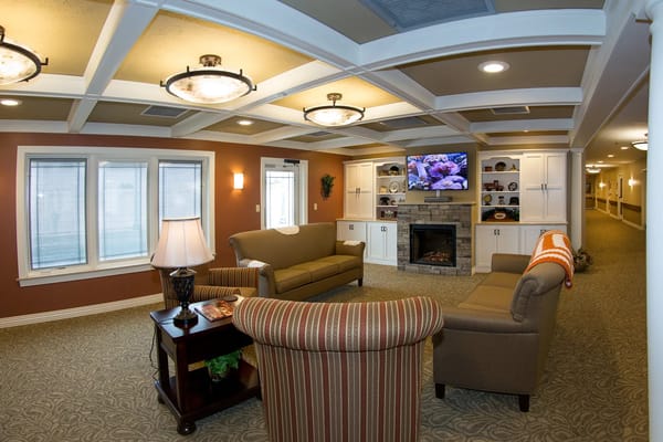 Cozy common area with seating and fireplace