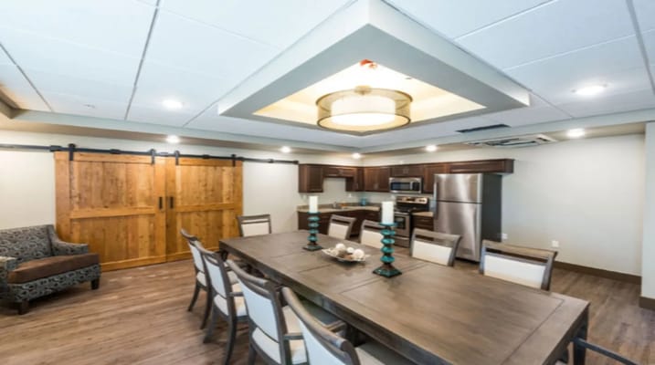 Modern kitchen and dining area with wooden accents