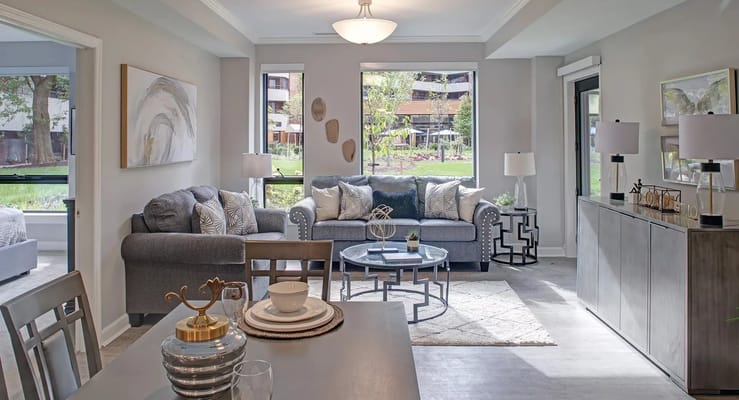 Bright common area with modern furnishings and natural light