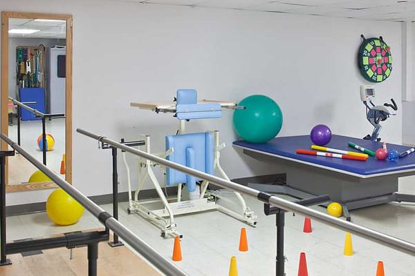 Rehabilitation exercise equipment in a bright therapy room