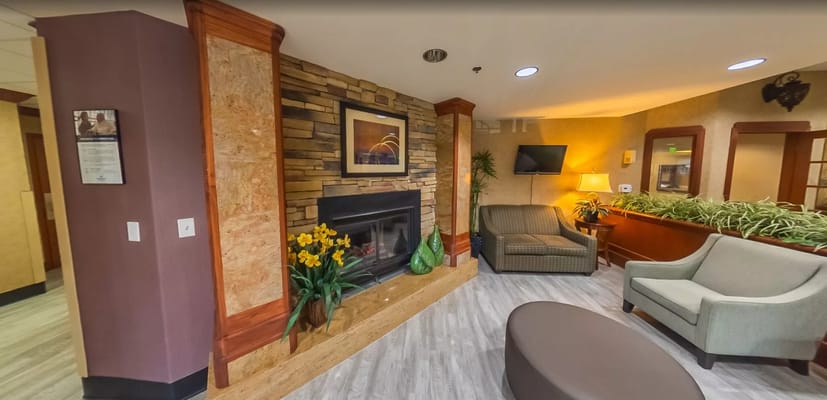 Comfortable seating area with a fireplace and decorative plants