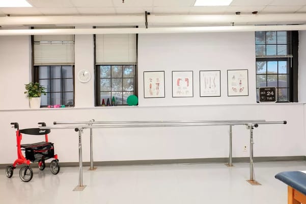 Interior scene with rehabilitation equipment and a walker