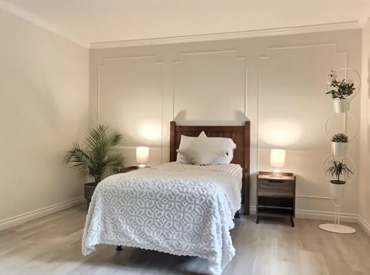A cozy bedroom with a bed, bedside lamps, and a plant.