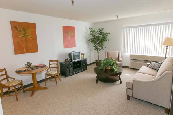 Comfortable living room with a dining table and chairs, TV, and decor.