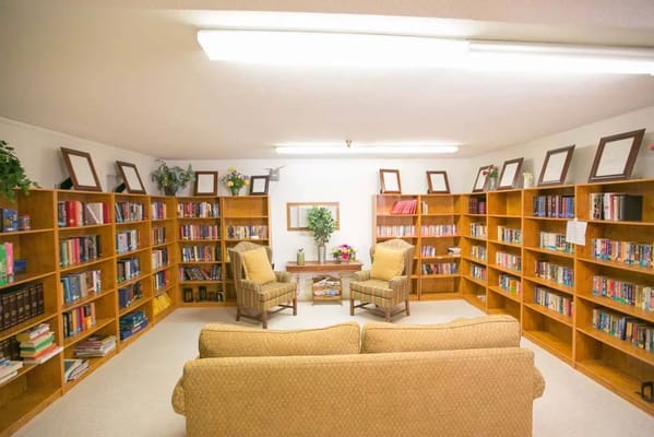 Quiet library space with bookshelves and seating