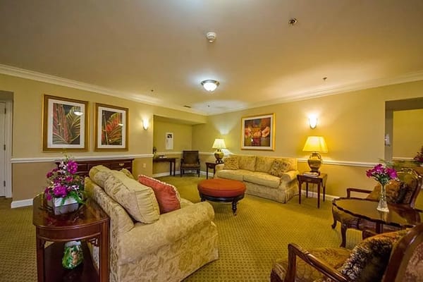 Bright common area with seating and decor