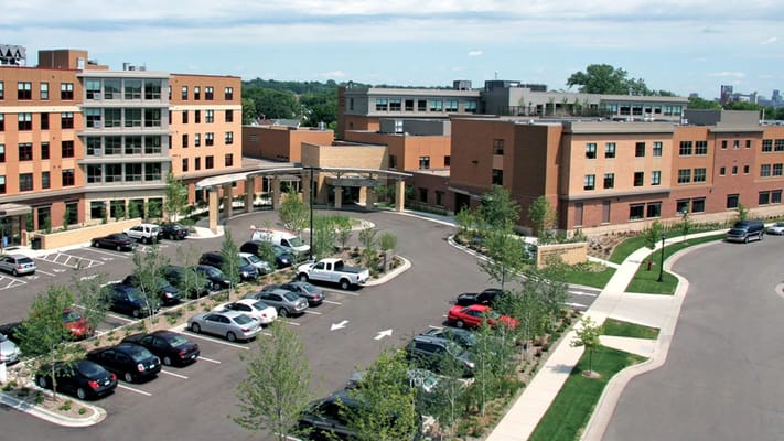 Aerial view of the exterior and parking lot of Shirley Chapman Sholom Home East.